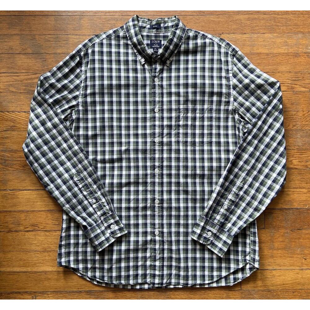 JCREW Slim Flex Washed Green Plaid Shirt Mens sz XL